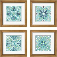 Framed 'Garden Getaway Tile Teal 4 Piece Framed Art Print Set' border=