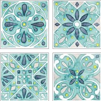 Framed 'Garden Getaway Tile Teal 4 Piece Art Print Set' border=