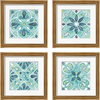 Framed 'Garden Getaway Tile Teal 4 Piece Framed Art Print Set' border=