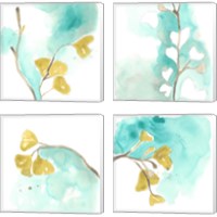 Framed 'Teal and Ochre Ginko 4 Piece Canvas Print Set' border=