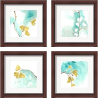 Framed 'Teal and Ochre Ginko 4 Piece Framed Art Print Set' border=