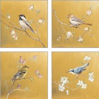 Framed 'Bird on Gold 4 Piece Art Print Set' border=