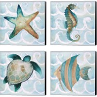 Framed 'Sea Creatures on Waves  4 Piece Canvas Print Set' border=