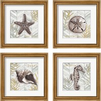 Framed 'Gray Gold Chevron Sea Life 4 Piece Framed Art Print Set' border=