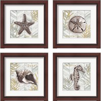 Framed 'Gray Gold Chevron Sea Life 4 Piece Framed Art Print Set' border=