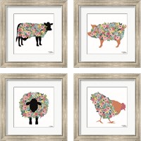 Framed 'Floral Farm Animals 4 Piece Framed Art Print Set' border=