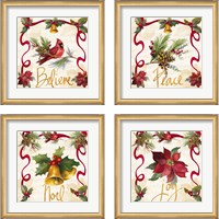 Framed 'Christmas Poinsettia Ribbon 4 Piece Framed Art Print Set' border=