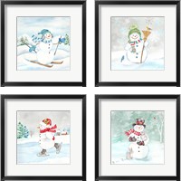 Framed 'Let it Snow Blue Snowman 4 Piece Framed Art Print Set' border=