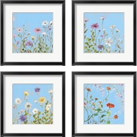 Framed 'Wild Flowers on Cerulean 4 Piece Framed Art Print Set' border=