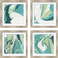 Framed 'Flowing Teal 4 Piece Framed Art Print Set' border=