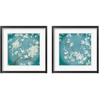 Framed 'White Cherry Blossoms on Teal Aged no Bird 2 Piece Framed Art Print Set' border=