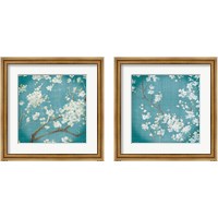 Framed 'White Cherry Blossoms on Teal Aged no Bird 2 Piece Framed Art Print Set' border=