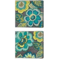 Framed 'Floral Assortment Teal on Dark Grey 2 Piece Canvas Print Set' border=