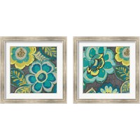 Framed 'Floral Assortment Teal on Dark Grey 2 Piece Framed Art Print Set' border=