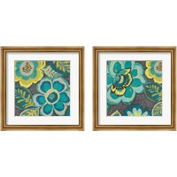 Framed 'Floral Assortment Teal on Dark Grey 2 Piece Framed Art Print Set' border=