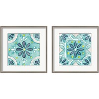 Framed 'Garden Getaway Tile Teal 2 Piece Framed Art Print Set' border=