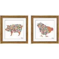 Framed 'Floral Farm Animals 2 Piece Framed Art Print Set' border=