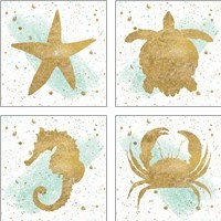 Framed 'Silver Sea Life Aqua 4 Piece Art Print Set' border=