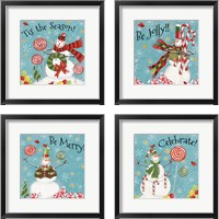 Framed 'Sweet Snowmen Sign Blue 4 Piece Framed Art Print Set' border=