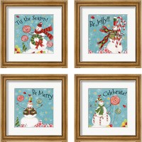 Framed 'Sweet Snowmen Sign Blue 4 Piece Framed Art Print Set' border=