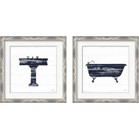 Framed 'Shiplap Bath Navy 2 Piece Framed Art Print Set' border=