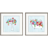 Framed 'Floral Bathroom Light Blue 2 Piece Framed Art Print Set' border=