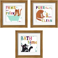 Framed 'Cute Cat Bath 3 Piece Framed Art Print Set' border=