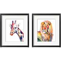 Framed 'Colorful Giraffe & Lion on White 2 Piece Framed Art Print Set' border=