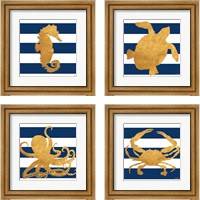 Framed 'Sea Creatures on Stripes 4 Piece Framed Art Print Set' border=