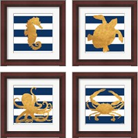 Framed 'Sea Creatures on Stripes 4 Piece Framed Art Print Set' border=