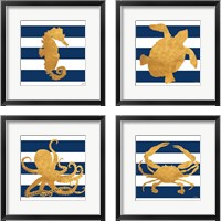 Framed 'Sea Creatures on Stripes 4 Piece Framed Art Print Set' border=