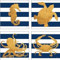 Framed 'Sea Creatures on Stripes 4 Piece Art Print Set' border=