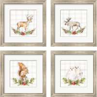 Framed 'Holiday Woodland Wreath on Plaid 4 Piece Framed Art Print Set' border=