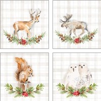 Framed 'Holiday Woodland Wreath on Plaid 4 Piece Art Print Set' border=