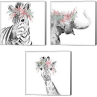 Framed 'Safari Animal with Flower Crown 3 Piece Canvas Print Set' border=