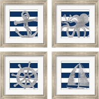 Framed 'Silver Coastal on Blue  4 Piece Framed Art Print Set' border=