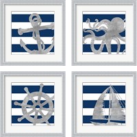 Framed 'Silver Coastal on Blue  4 Piece Framed Art Print Set' border=