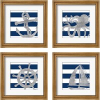 Framed 'Silver Coastal on Blue  4 Piece Framed Art Print Set' border=